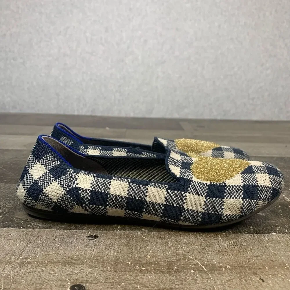 Rothy’s Big Girls Size 3 Gingham Loafers Gold Glitter Heart Plaid Ballet Flats